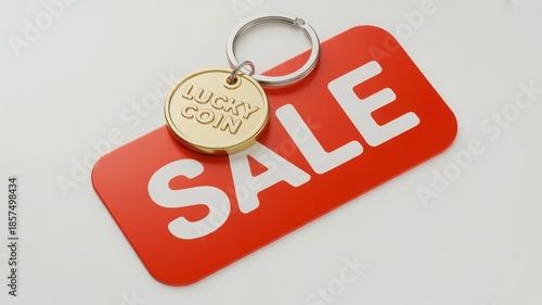 Discount keychain on big red sale price tag on white background. Marketing, promotion and lucky shopping concept