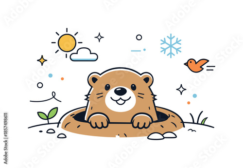 Groundhog Peeking Out. Groundhog Day illustration. Friendly groundhog peeking out of its burrow, checking the weather in a calm and playful scene. Light