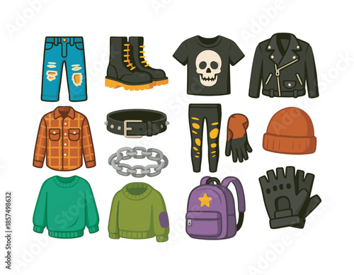 Grunge Fashion Icons. Grunge style. Colorful flat vector icons set of grunge style: distressed denim, combat boots, band tees, leather jackets, plaid flannels,