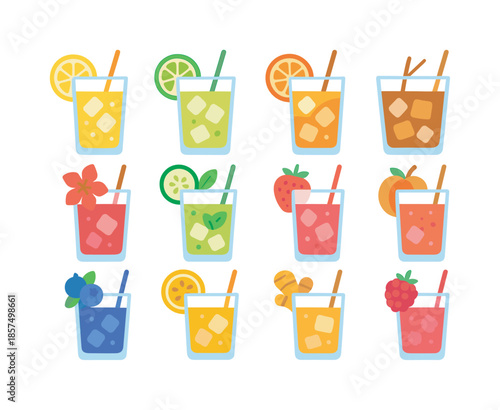 Vibrant Drink Icons. Fresh drinks. Colorful flat vector icons set of fresh drinks: lemonade, limeade, citrus mix drink, iced tea, hibiscus drink, cucumber mint