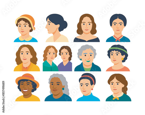 Iconic Women Writers. Women of literature. Colorful flat vector icons set of Women of literature: Jane Austen portrait, Virginia Woolf portrait, Mary Shelley