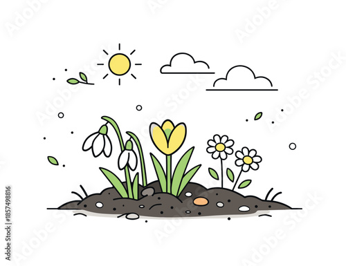 Spring Renewal Moment. Early spring nature moment. First flowers breaking through the ground after winter, simple soil and soft clouds above. Quiet symbol of