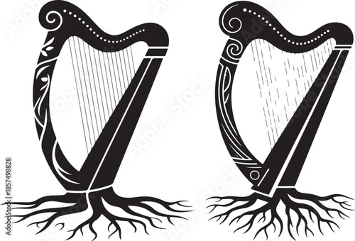 Black and white celtic harp illustration with roots