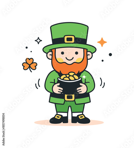 Friendly Leprechaun Illustration. St Patrick?s Day leprechaun. A simple, friendly leprechaun character standing calmly, holding a shamrock or small pot of