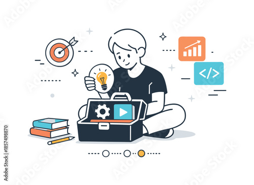 Skill Mastery Progression. Skill development. A character adding new skill icons to a personal toolkit, symbolizing learning and continuous improvement.