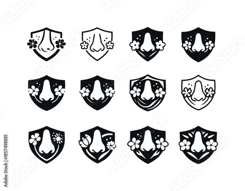 Spring Allergy Icons. Spring allergies. Icon set. Set Logo of spring allergies: immune shield. harmonious logo variations: Abstract geometric, Minimal outline,