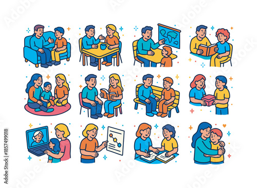 Family Wisdom Icons. Parents sharing their life stories and wisdom with their children. Colorful isometric vector icons set of parents sharing their life