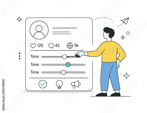 Branding Tone Adjustment. Brand voice and identity. A character adjusting tone sliders on a social profile screen. Thoughtful brand positioning and clarity,