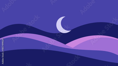 A calming abstract landscape vector illustration featuring a crescent moon rising over rolling hills in beautiful shades of purple and deep blue at night