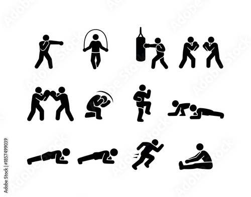 Boxing Workout Icons. Boxing workout actions. Solid icon set of boxing workout actions: shadowboxing figure, jump rope figure, bag punch figure, sparring
