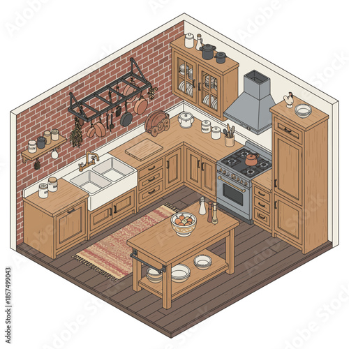 Isometric view of a rustic farmhouse kitchen with wooden cabinetry, a brick accent wall, a central island, and a range of cooking equipment.