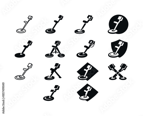 Sapper Logo Variations. Sapper. Icon set. Set Logo of sapper: mine detector. harmonious logo variations: Minimal outline, Filled silhouette, Abstract