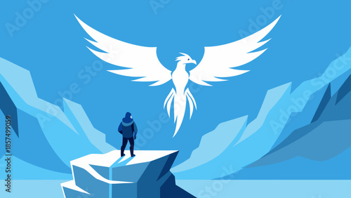 A lone figure stands on an arctic iceberg looking up at a majestic white phoenix illustration symbolizing hope and rebirth in a challenging blue landscape
