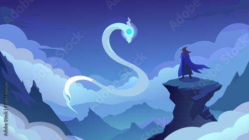 A lone wizard stands on a dramatic cliff overlooking a foggy valley, encountering a giant glowing sky serpent under a dark blue night sky