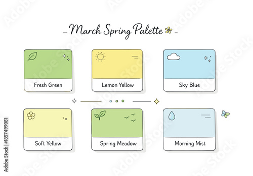 March Spring Palette. March spring palette. A set of pastel greens, soft yellows, and light blues presented as tidy color cards. Early spring freshness, gentle
