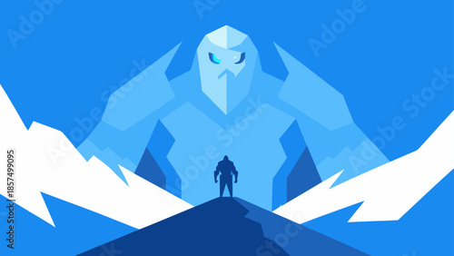 An epic minimalist illustration of a lone warrior confronting a massive ice giant on a mountain peak in a cold fantasy landscape.
