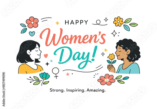 Women's Day Card. Women?s Day greeting card template. Clean modern card design celebrating women, with soft floral accents and friendly decorative shapes. The