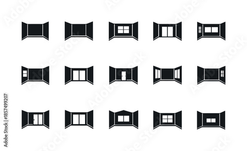 Minimalist Room Icons. Empty Room. Solid icon set of Empty Room: empty interior wall, vacant room wall, unfurnished room, bare walls, empty space interior,