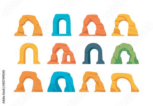 Stone Arch Icons. Stone Arches. Colorful flat vector icons set of stone arches: natural arch, window arch, sandstone curve, narrow archway, double arch, arch