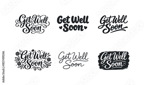 Creative Lettering Grid. Get Well Soon. Set lettering. harmonious lettering variations of the same emblematic concept (Whimsical curly type with flourishes,
