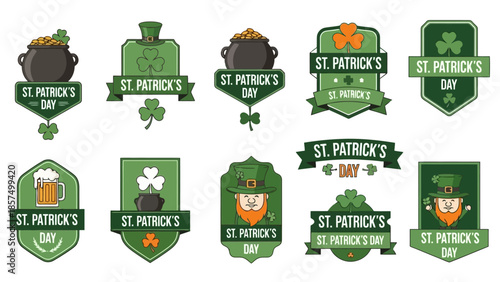 Collection of St. Patrick's Day themed badges and emblems featuring shamrocks, pots of gold, leprechauns, and beer.