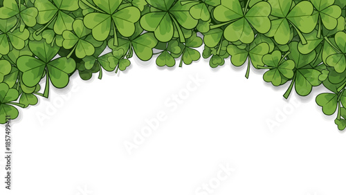 A lush border of vibrant green shamrocks with detailed leaves and subtle shadows, set against a clean white background.