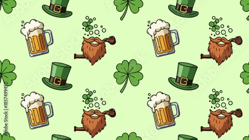 A festive St. Patrick's Day themed seamless pattern featuring shamrocks, leprechaun hats, and mugs of frothy beer.