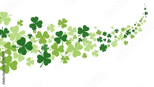 A flowing arrangement of various sizes of green shamrocks against a white background.