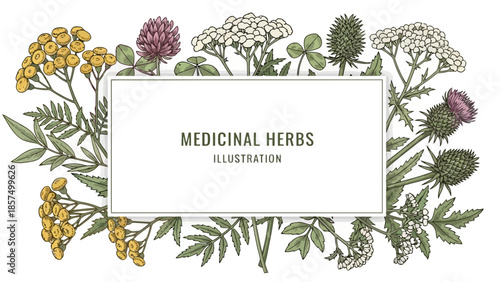 Vintage illustration of various medicinal herbs arranged around a central rectangular frame with the text "MEDICINAL HERBS ILLUSTRATION".