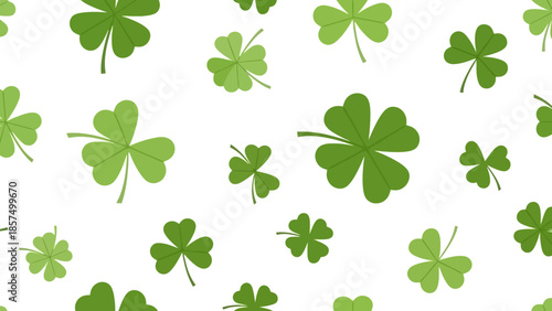 A seamless pattern of green shamrocks on a white background, representing luck and St. Patrick's Day.