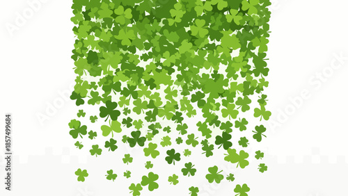 A cascade of green shamrocks falling from the top against a white background, symbolizing luck and St. Patrick's Day.