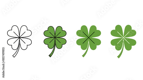 Four-leaf clover illustrations in outline and filled styles, symbolizing luck and Irish culture.