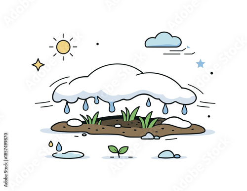 Melting Snow Awakening. Snow melting. A calm editorial scene where snow slowly turns into water drops and reveals fresh ground beneath. Soft motion lines and
