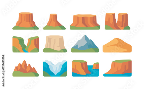 Geological Landform Icons. Geological Landforms. Colorful flat vector icons set of geological landforms: mesa, butte, plateau, canyon, gorge, limestone cliff,