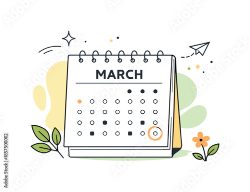 Spring Calendar Scene. March calendar moment. A minimal scene with a calendar page, soft abstract shapes, and spring hints like leaves or dots. The