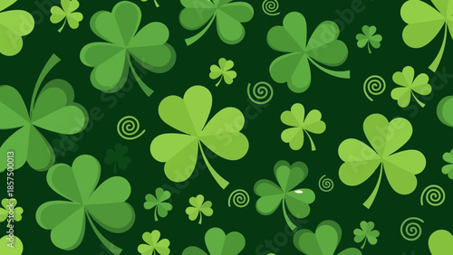 A repeating pattern of green shamrocks and swirls on a dark green background, evoking St. Patrick's Day.