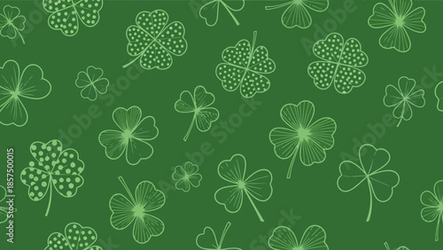 A repeating pattern of green clover leaves and four-leaf clovers on a dark green background.