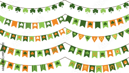A collection of St. Patrick's Day themed bunting flags in green and orange with various Irish symbols.