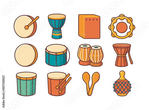 Colorful Folk Percussion Icons. Folk percussion. Colorful flat vector icons set of folk percussion: bodhran, djembe, cajon, tambourine, frame drum, davul,