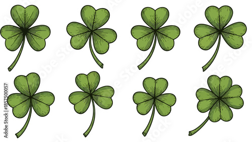 Illustration of eight green shamrocks, some with three leaves and one with four, on a white background.