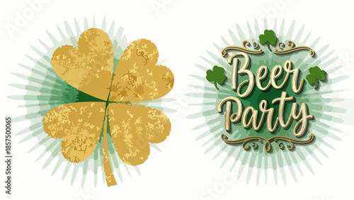 St. Patrick's Day themed graphic with a gold shamrock and a Beer Party logo.