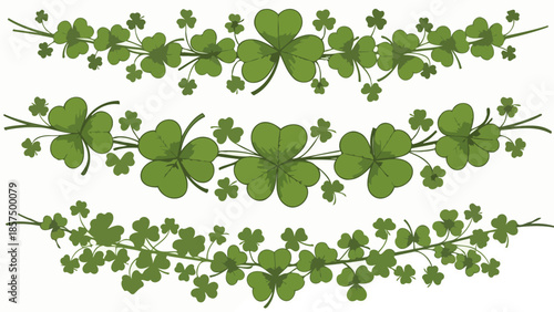 Three decorative borders featuring green shamrocks and clover leaves, perfect for St. Patrick's Day or spring themes.