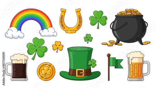 A collection of St. Patrick's Day symbols including a rainbow, horseshoe, shamrocks, pot of gold, and beer mugs.