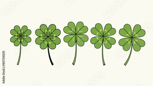 Five four-leaf clovers in a row, with varying shades of green and stem curves.