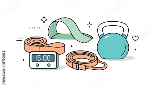 Minimalist Workout Illustration. Home fitness equipment layout. Abstract composition of light workout gear?resistance bands, kettlebell, timer?arranged with