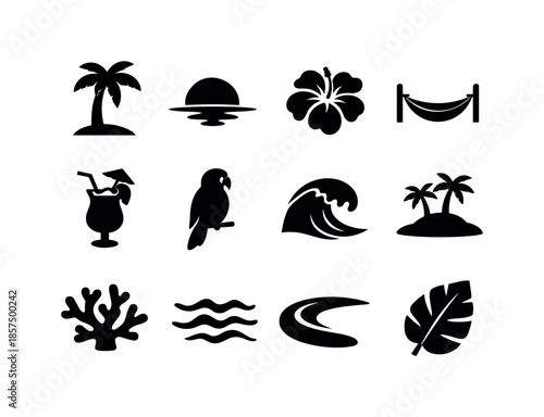 Tropical Sunset Icons. Tropical sunset. Solid icon set of tropical sunset: coconut tree, sun on horizon, tropical flower, beach hammock, fruit drink, parrot