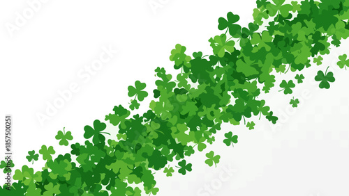 A diagonal stream of vibrant green shamrocks against a clean white background, symbolizing luck and St. Patrick's Day.