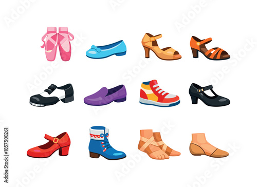Vibrant Dance Shoe Icons. Dance shoes. Colorful flat vector icons set of dance shoes: ballet pointe shoes, ballet flats, ballroom heels, latin dance shoes, tap