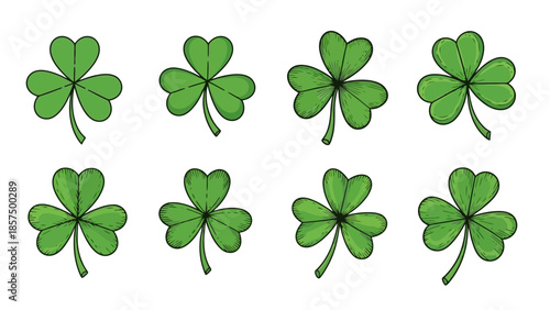 A collection of eight green shamrocks arranged in two rows of four.