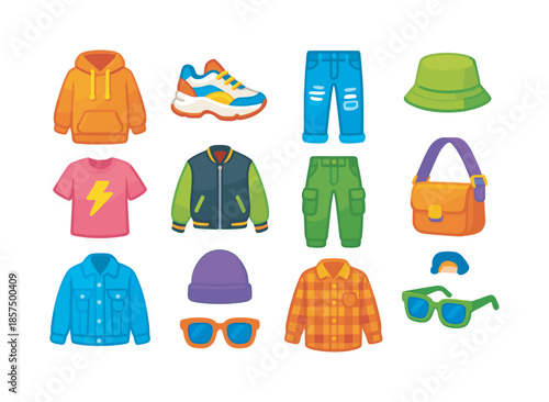 Streetwear Icon Collection. Street style trends. Colorful flat vector icons set of street style trends: oversized hoodies, chunky sneakers, ripped jeans,
